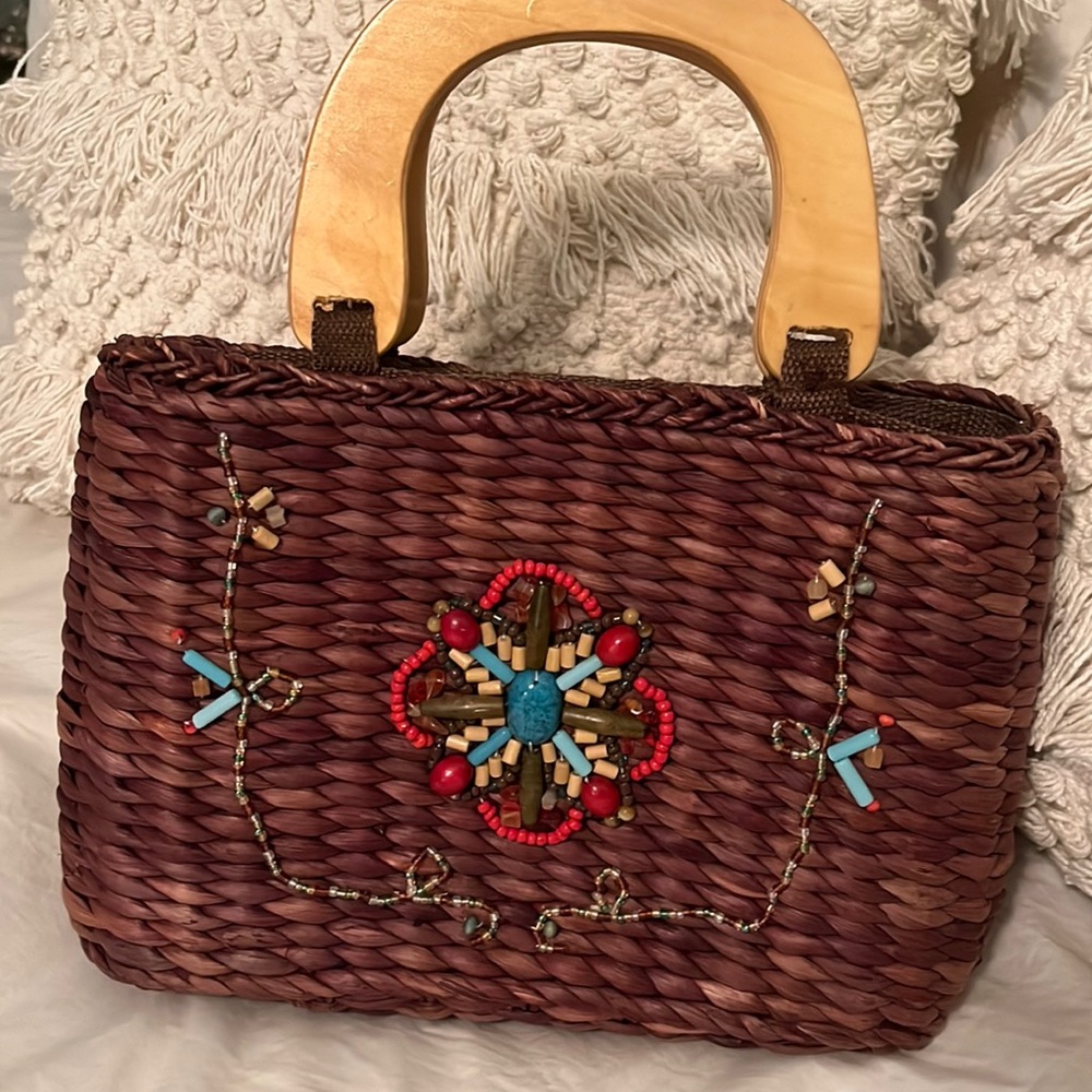White Stag Straw Purse with Red Brown Turquoise Beads